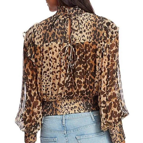 Free People | Brown Leopard Print Roma Blouse Cropped Sheer Crinkle S - Picture 3 of 7